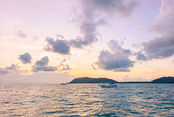 Landscape, sea, sky and clouds with the evening atmosphere of the sunset. The beautiful of nature, the environment and the sea during the summer holiday. happy time in vacation travel. Travel Thailand