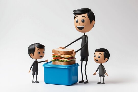 Father prepares a school lunch with a sandwich in a blue lunchbox for his sons. Ideal for parenting, family, and foodrelated concepts.