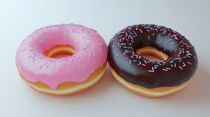 Ultra quality image of two frosted donuts, pink and chocolate, on white background.
