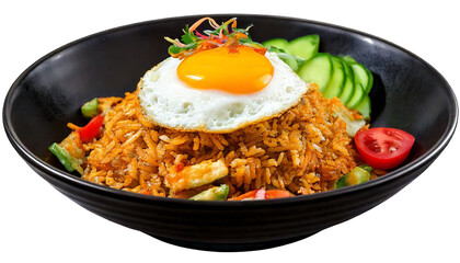 A steaming bowl of golden-brown Indonesian fried rice served in a black ceramic on a transparent background, menu, advertising, promotion.
