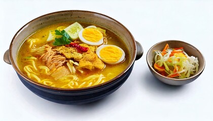 A steaming hot bowl of traditional Indonesian Soto Ayam, filled with shredded chicken, menu, promotion, Indonesia, advertisement.