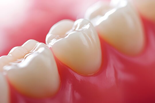 Close-up view of healthy human teeth and gums, showcasing pearly whites and vibrant pink gums.