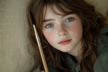 Portrait of a Young Girl with Freckles and a Makeup Brush