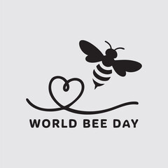 Silhouette of a flying honey bee forming a heart trail, minimal icon style, white background, World Bee Day concept, editable vector.