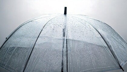 Transparent umbrella with fine water droplets attached to the surface, rain, wet, protection, tool.