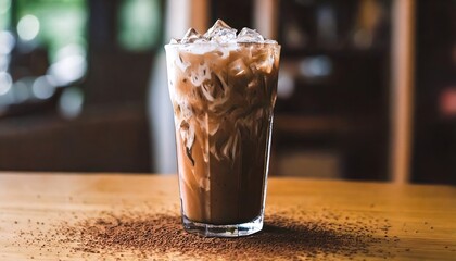 A large glass of cold chocolate, filled with thick and smooth chocolate milk and topped with ice. menus, advertising, promotions, drinks.