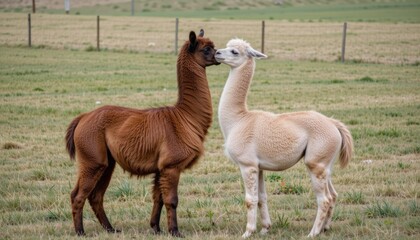 Two llamas interacting in a grassy field.