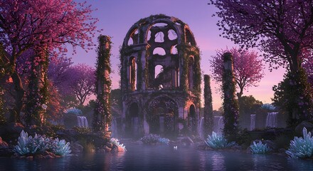 Old Ruin by Pond with Pink Trees and Waterfalls Landscape