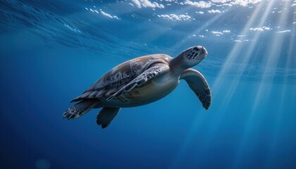 Swimming turtle in clear blue ocean waters