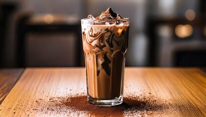 A large glass of cold chocolate in a cafe, filled with thick and smooth chocolate milk and topped with ice and photographed aesthetically. menu, advertisement, promotion, drink.
