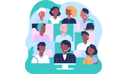 Fototapeta premium Diverse team video conference, with speech-bubble overlays and modern UI elements