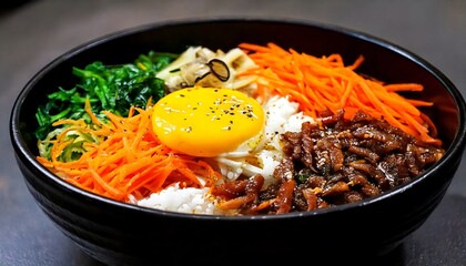 A vibrant and appetizing Korean bibimbap served in a traditional black stone bowl, featuring. Menu, advertising, promotion.
