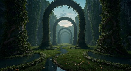 Obraz premium Pathway with Arches in Lush Green Garden Setting