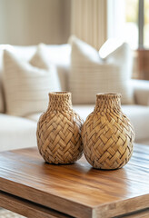 Close-up of a wooden coffee table with two woven vases on top against a cozy living room background