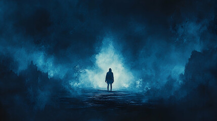 Obraz premium A solitary figure stands in a mysterious, blue-lit space.