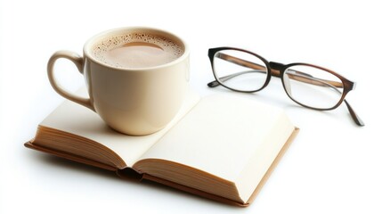 Warm beverage, open book, and reading glasses
