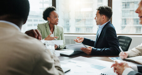 Teamwork report and meeting with business people in office for investment analyst, advisor and stock market. Audit review, portfolio growth and feedback with employees in agency for research