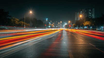 Fototapeta premium Long Exposure Night City Traffic Light Trails in Urban Setting