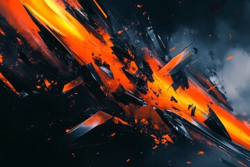 Abstract digital art of shattered, fiery shapes.