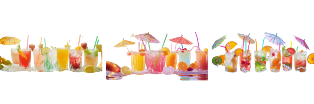 Set of Professional studio shot of a drink tasting setup featuring different drink types — herbal tea, iced coffee, milkshake, beer, and lemonade — neatly on transparent png background. Ai generated