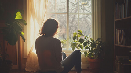 young woman sitting on the windowsill