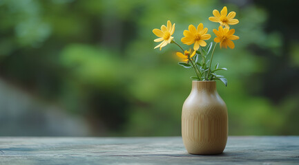 A small wooden bottle with yellow flowers on a table in a natural background