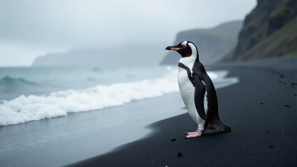 Fototapeta premium Penguin On Black Sand Beach, Iceland