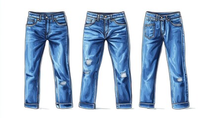 Three pairs of blue jeans, one distressed, isolated on white.