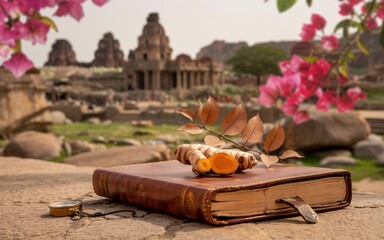 Spring Hampi, Karnataka ,Ruins meet bloom, india, Turmeric roots on ancient book, Indian temple