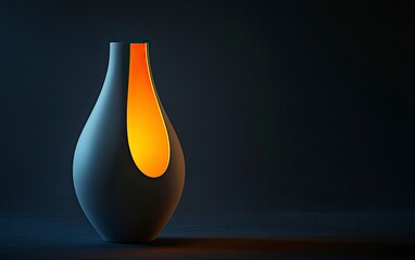 Vase with a yellow light shining through it. The vase is white and has a unique shape