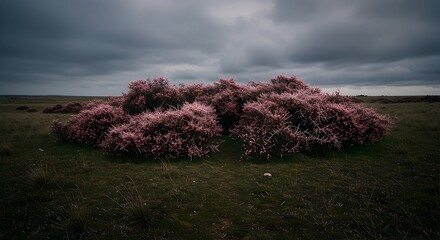 Pink Flowering Bushes in Grassy Field Under Cloudy Sky