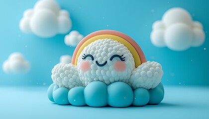 Cheerful cloud figure with rainbow, digitally rendered.