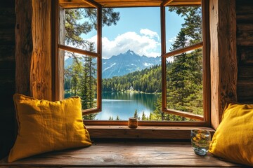 Fototapeta premium Mountain Lake View from Wooden Cabin Window