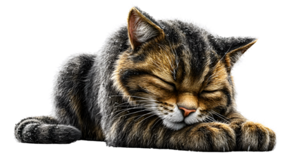 House cat stretching with fur details and natural shadows, isolated on transparent background. 