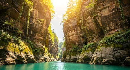 River Flowing Through a Rocky Canyon with Lush Green Vegetation