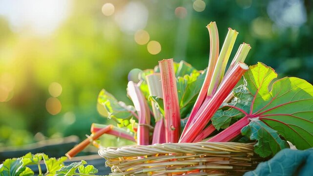 close-up of rhubarb in the garden. selective focus