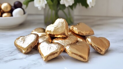 Pile of gold foil wrapped heart shape candies on marble surface