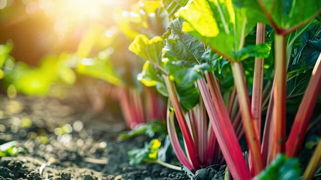 close-up of rhubarb in the garden. selective focus