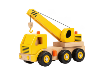 Wooden toy crane truck construction vehicle kids play yellow on transparent background
