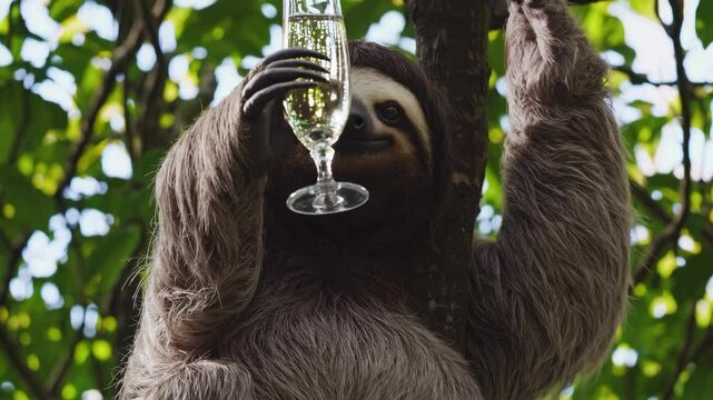 Cheerful sloth sipping champagne, balancing on rainforest branch, capturing playful wildlife spirit in lush tropical setting