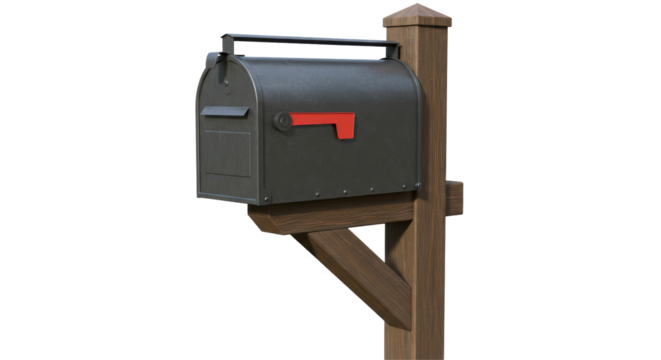 Isolated Dark Mailbox on Wooden Post