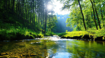 Obraz premium Serene landscape featuring tranquil river flowing through lush green forest, illuminated by sunlight