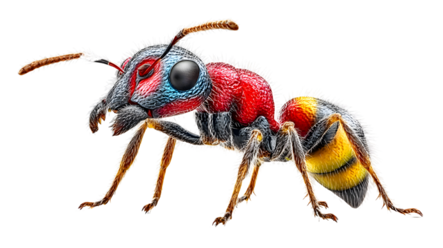 Ant crawling, with fine leg hair and body segmentation, sharp focus, white background. 