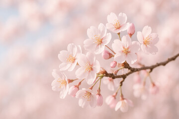 Obraz premium Cherry Blossom Branch in Bloom: Delicate cherry blossoms burst forth on a branch, their soft petals painted with gentle hues, creating a breathtaking scene of springtime renewal.