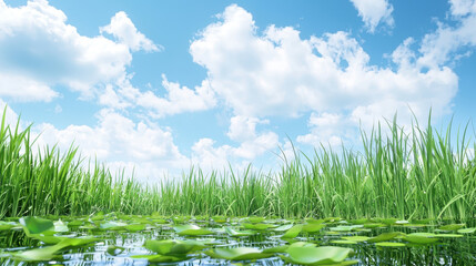 Obraz premium Serene wetland scene featuring lush green grass and lily pads floating on calm water under bright blue sky with fluffy clouds