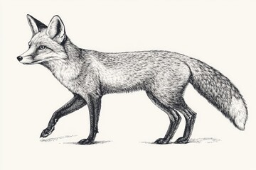 Detailed side view of a walking fox in black and white.