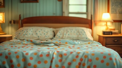 Unmade bed with polka dot bedding in a vintage bedroom.
