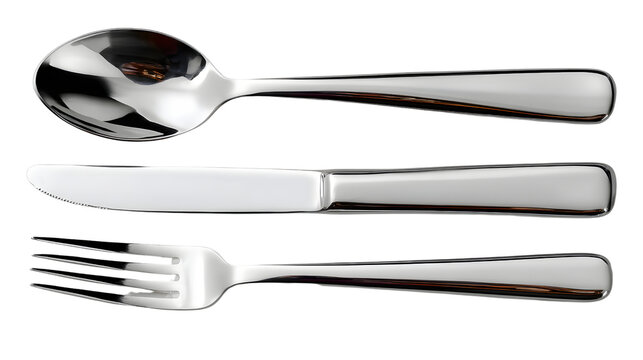 Flat lay of metallic cutlery spoon, fork, knife with realistic reflections and shadow, isolated on solid. 