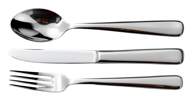 Flat lay of metallic cutlery spoon, fork, knife with realistic reflections and shadow, isolated on solid. 