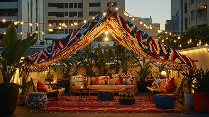 Fototapeta premium Blanket canopy anchored by furniture, strung with lights, interior cushioned with throws and pillows